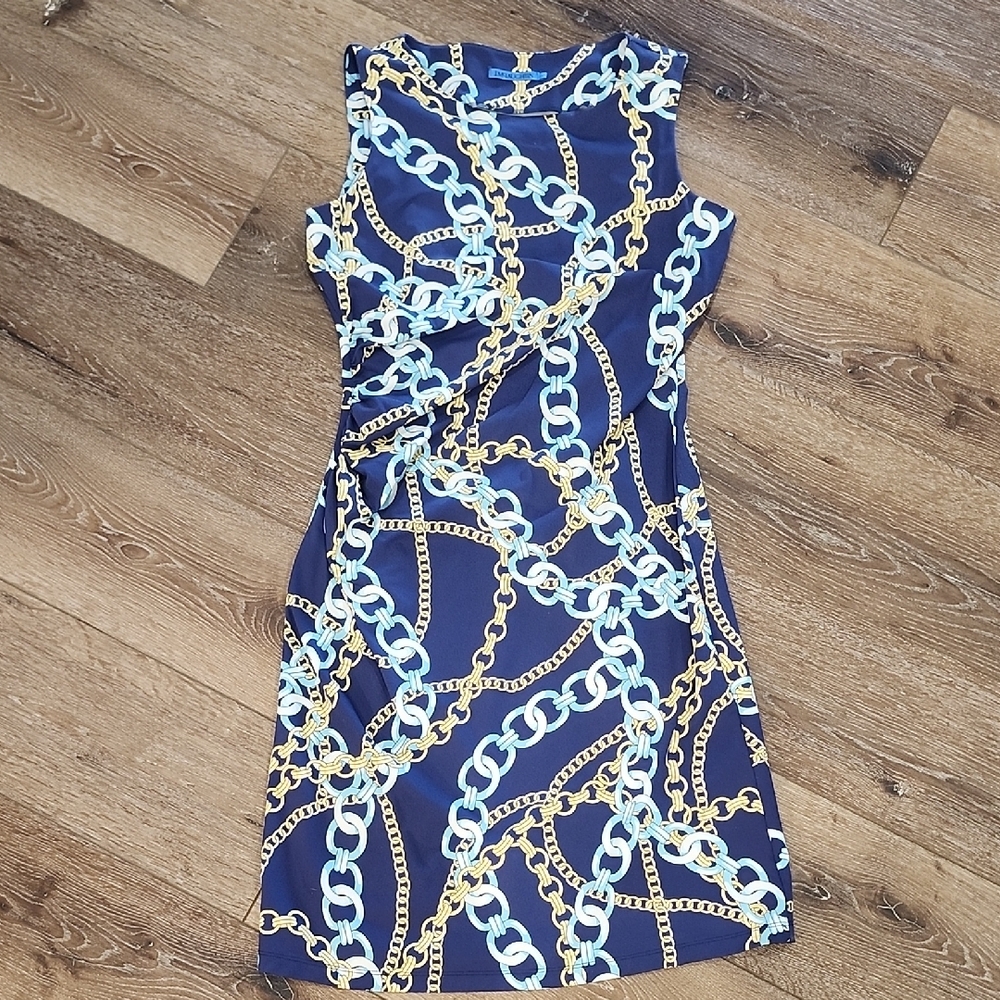 J. McLaughlin Sage Sleeveless Chain Print Midi Dress Navy Blue Gold Designer Lux - Picture 3 of 11